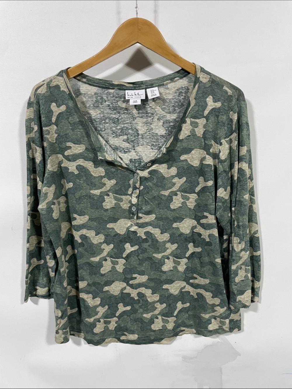 Nicole Miller linen Olive and Tan Camo Long Sleeve Henley Top